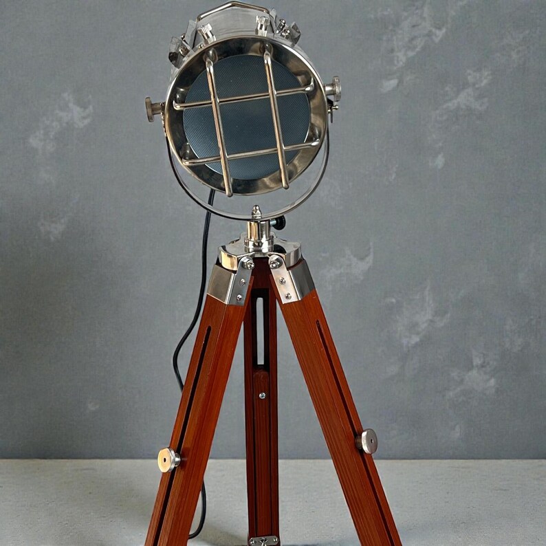 Chrome Spotlight on Wooden Tripod view 14