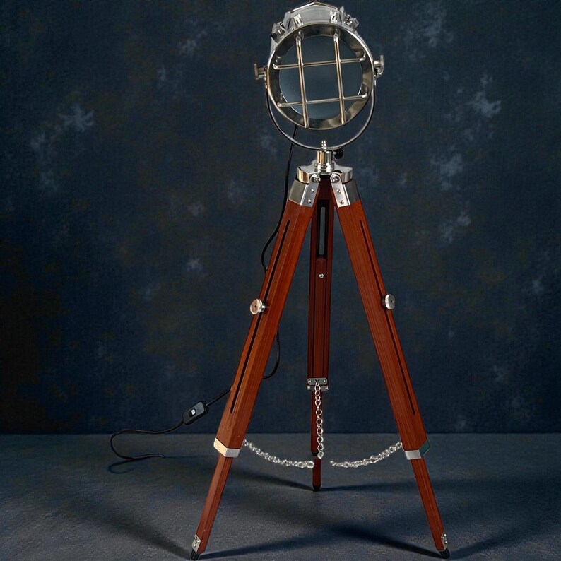 Chrome Spotlight on Wooden Tripod view 15