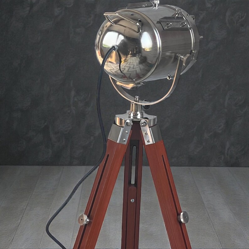 Chrome Spotlight on Wooden Tripod view 16