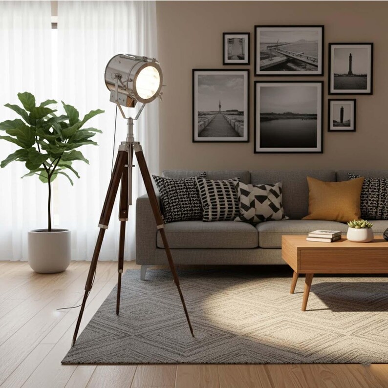 Chrome Spotlight on Wooden Tripod view 2