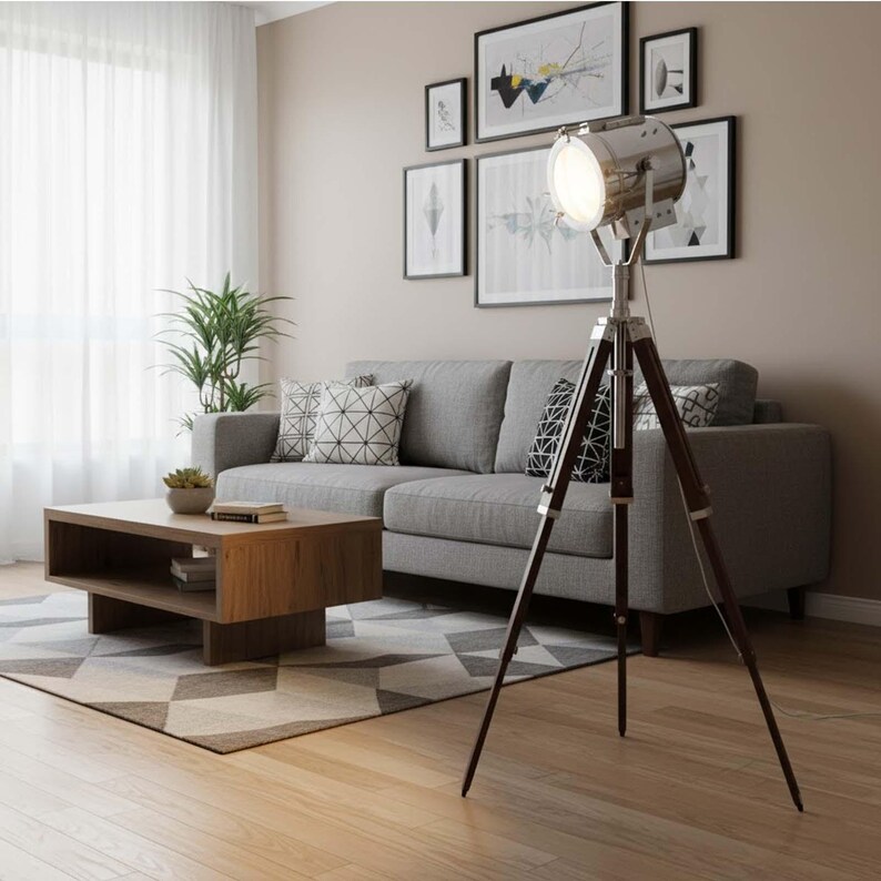 Chrome Spotlight on Wooden Tripod view 8