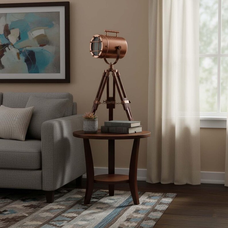 Copper Spotlight on Wooden Tripod view 7