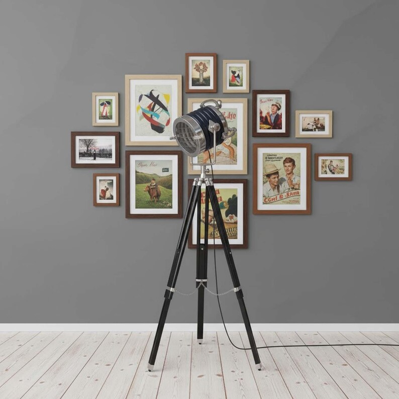 Chrome Spotlight on Black Wooden Tripod view 2