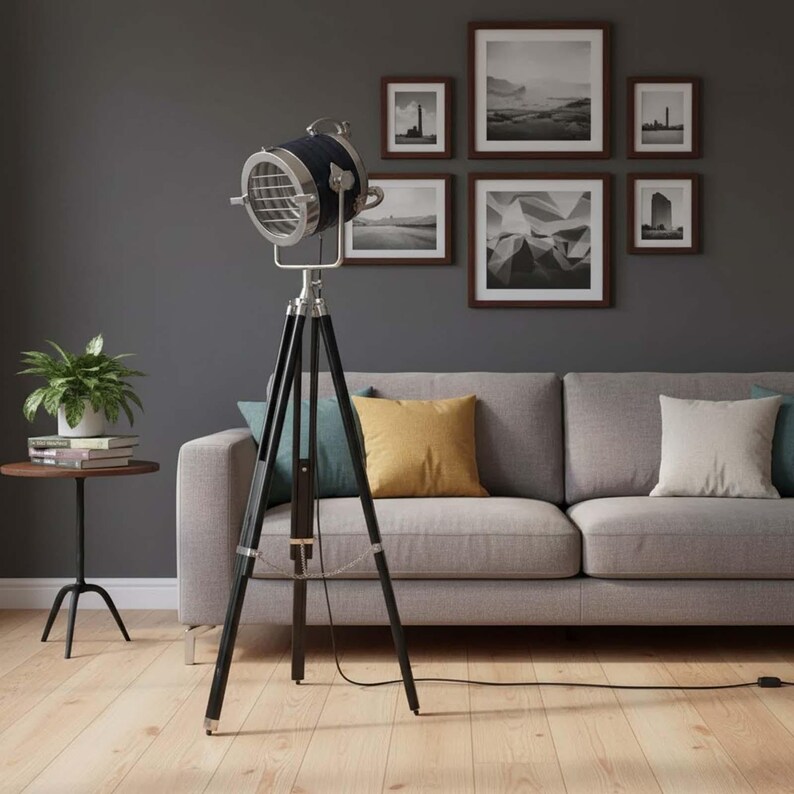 Chrome Spotlight on Black Wooden Tripod view 4