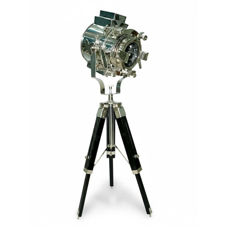 Chrome Spotlight on Black Wooden Tripod view 10