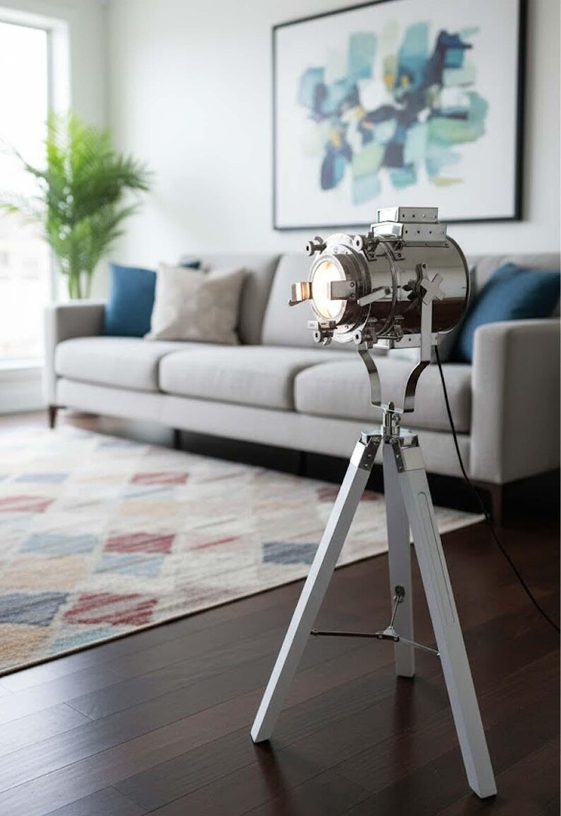Chrome Spotlight on White Wooden Tripod view 3