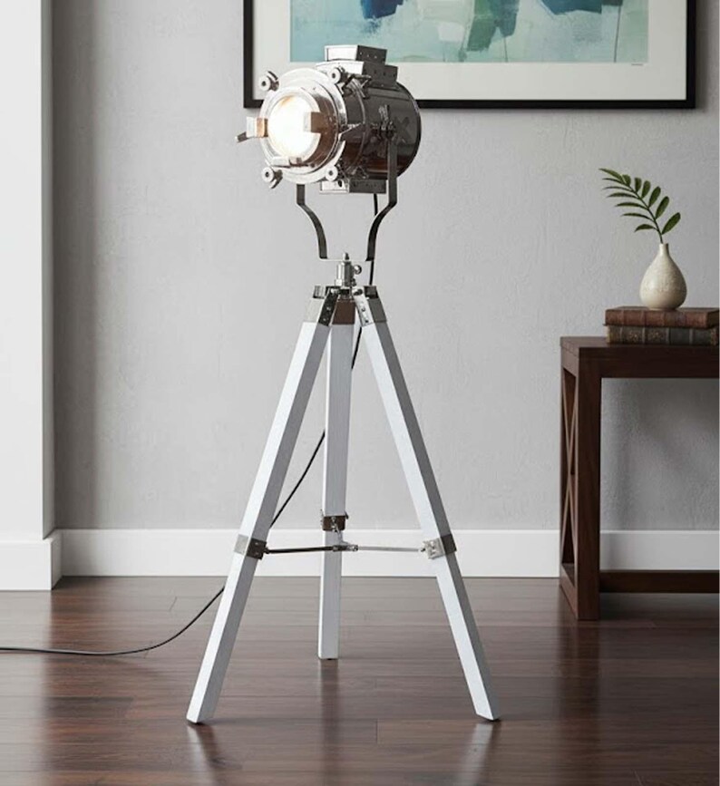 Chrome Spotlight on White Wooden Tripod view 4