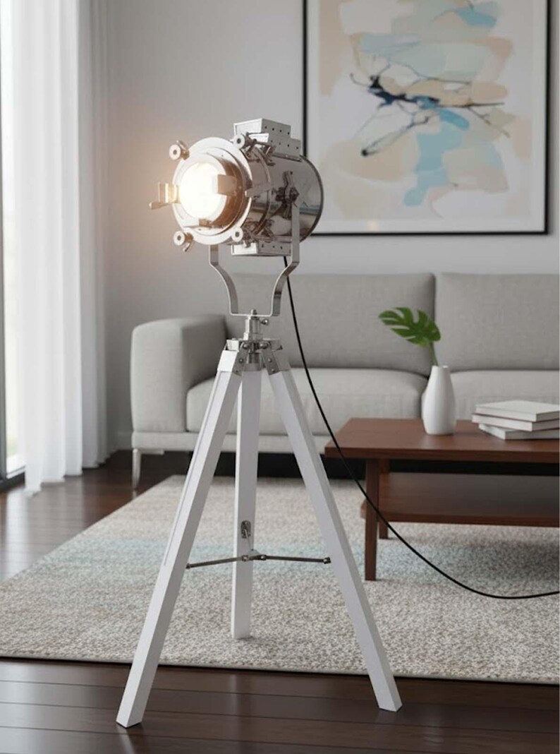 Chrome Spotlight on White Wooden Tripod view 9