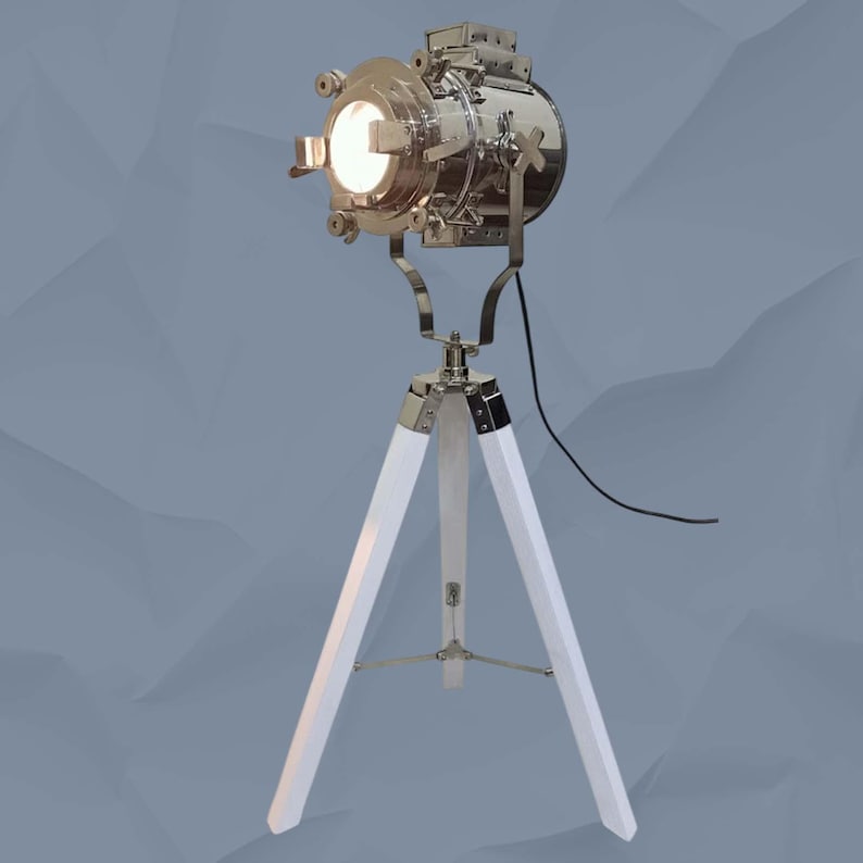 Chrome Spotlight on White Wooden Tripod view 11