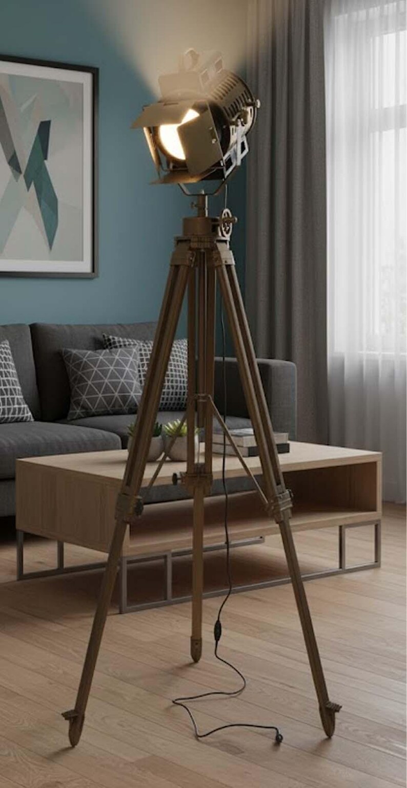 Antique Finish Spotlight on Wooden Tripod view 2