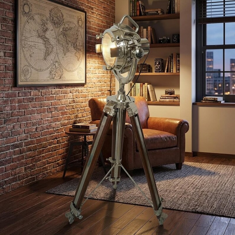 Chrome Spotlight on Wooden Tripod view 2