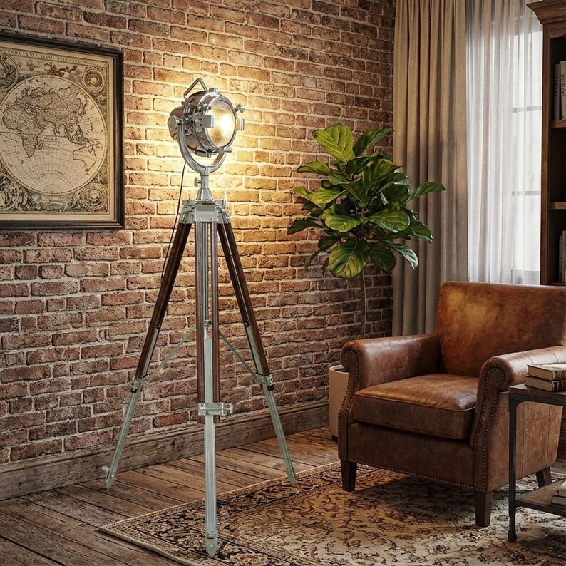 Chrome Spotlight on Wooden Tripod view 8