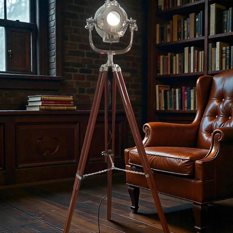 Chrome Spotlight on Wooden Tripod view 2