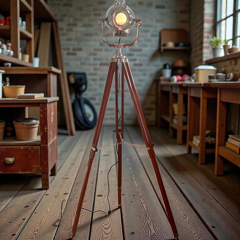 Chrome Spotlight on Wooden Tripod view 6