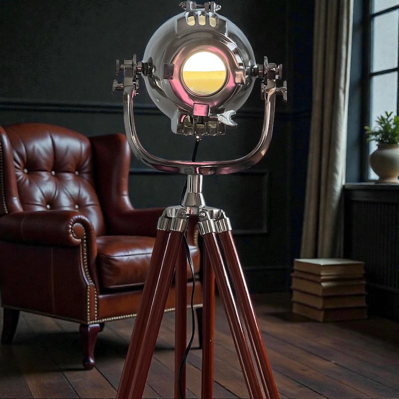 Chrome Spotlight on Wooden Tripod view 12