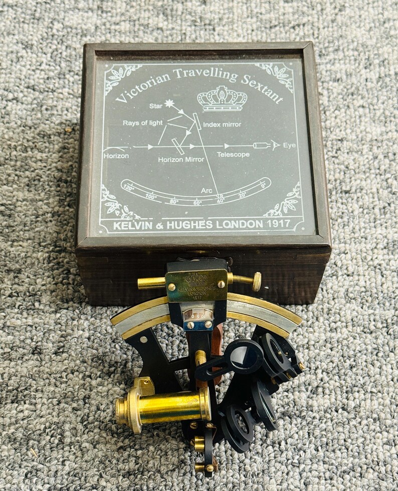 Black Powder Coated Brass Nautical Sextant with Black Glass-Top Wooden Box view 2