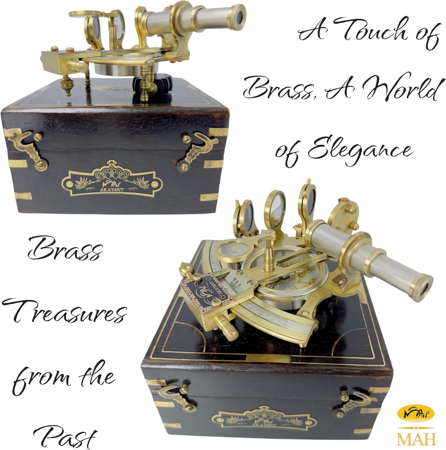 Antique Brass Sextant with Built-In Compass and Black Wooden Box view 2