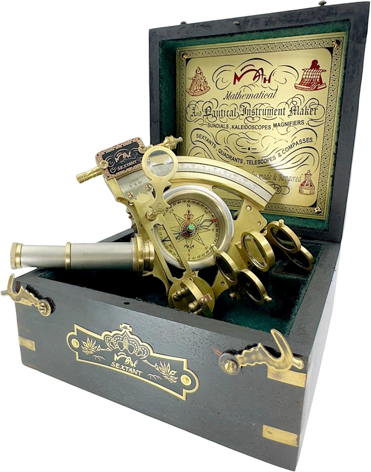 Antique Brass Sextant with Built-In Compass and Black Wooden Box view 12