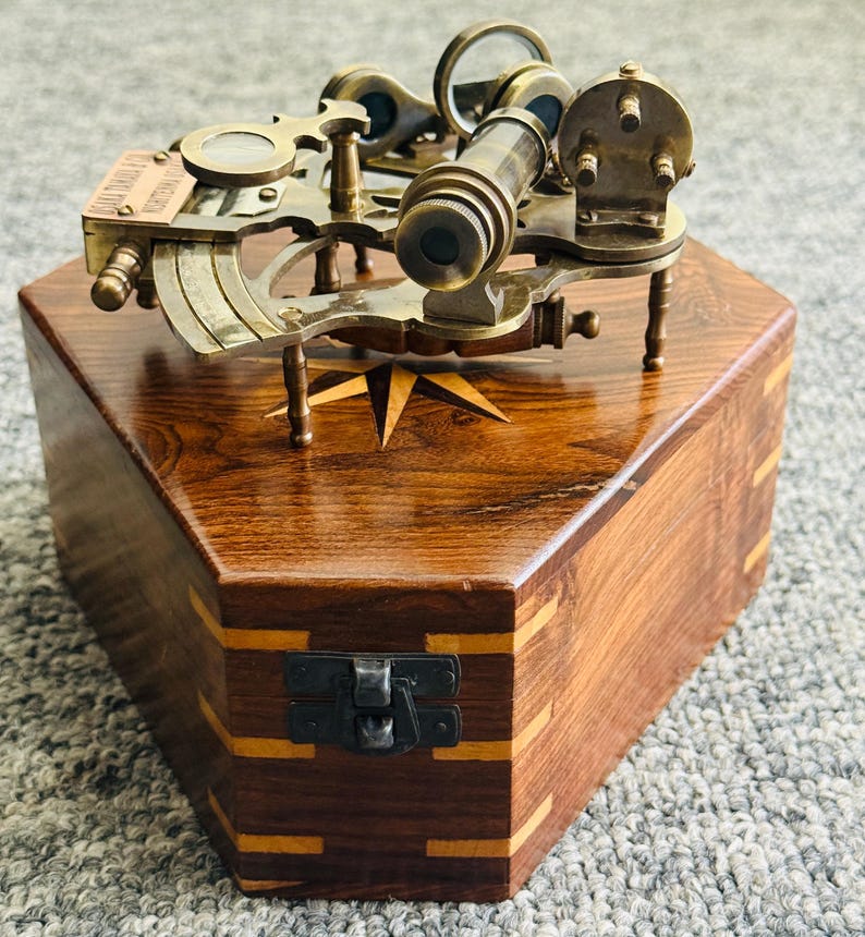 Antique Brass Sextant with Hexagonal Wooden Box view 2