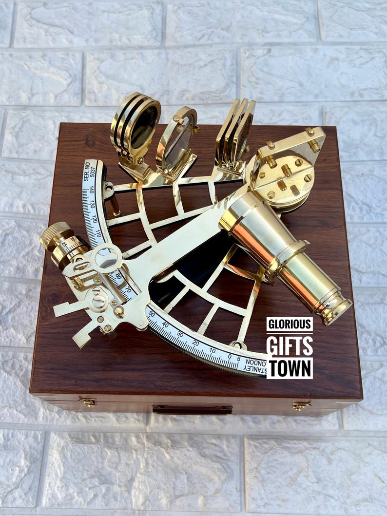 Polished Brass Sextant with Green Velvet Lined Wooden Box view 2