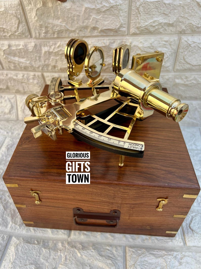 Polished Brass Sextant with Green Velvet Lined Wooden Box view 4