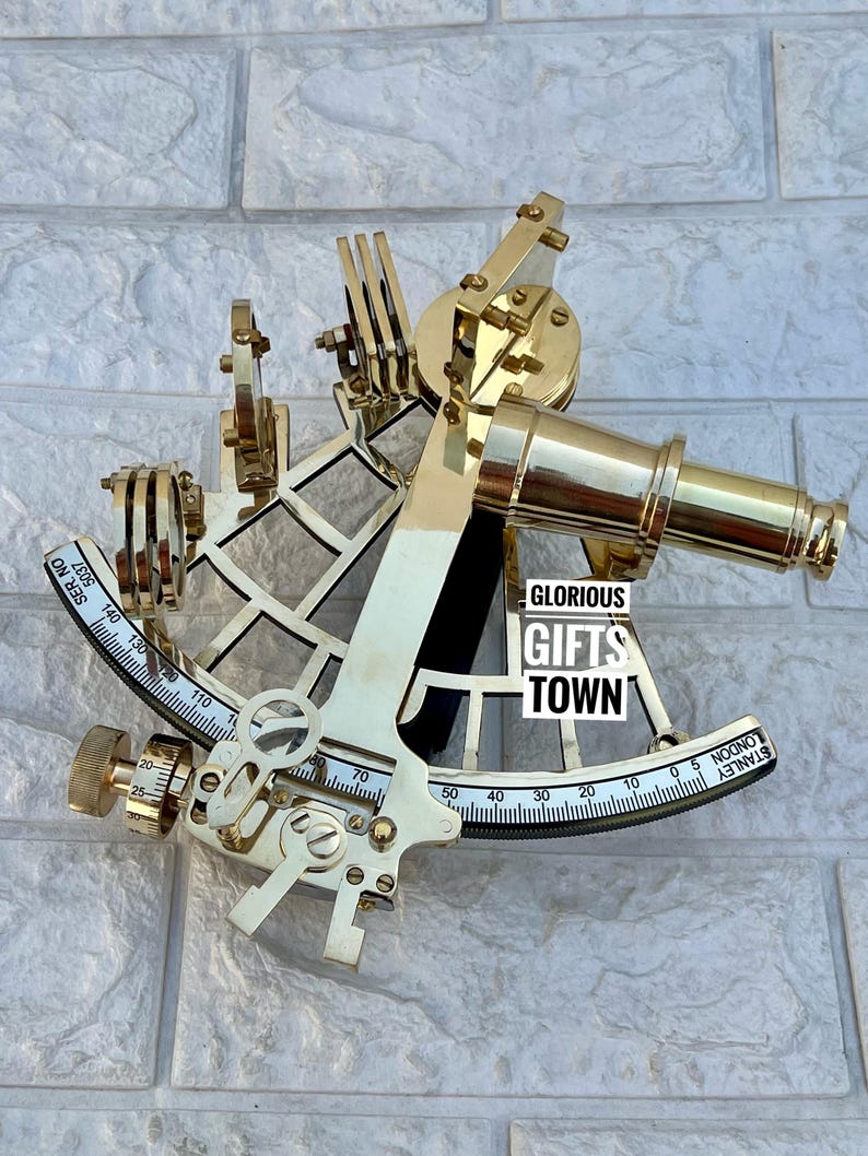 Polished Brass Sextant with Green Velvet Lined Wooden Box view 6