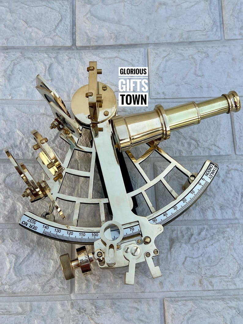 Polished Brass Sextant with Green Velvet Lined Wooden Box view 8