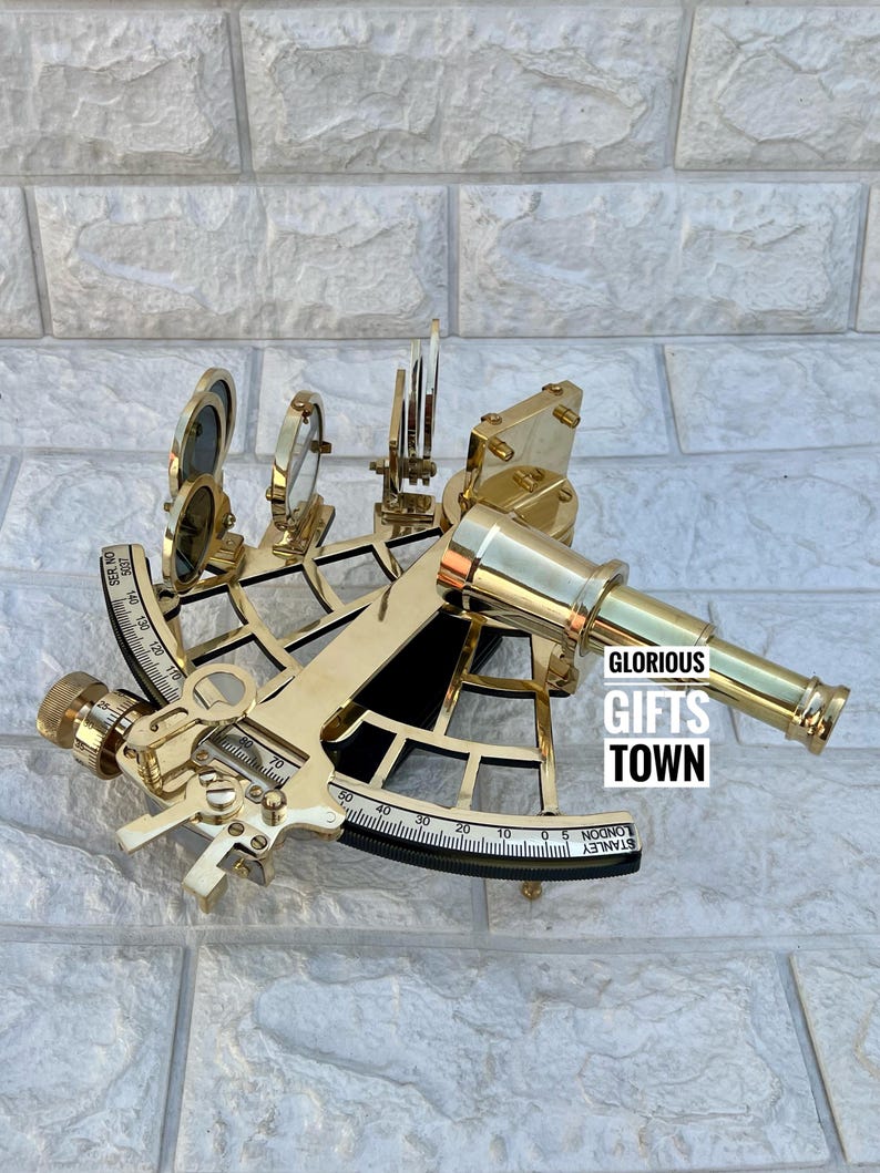Polished Brass Sextant with Green Velvet Lined Wooden Box view 9
