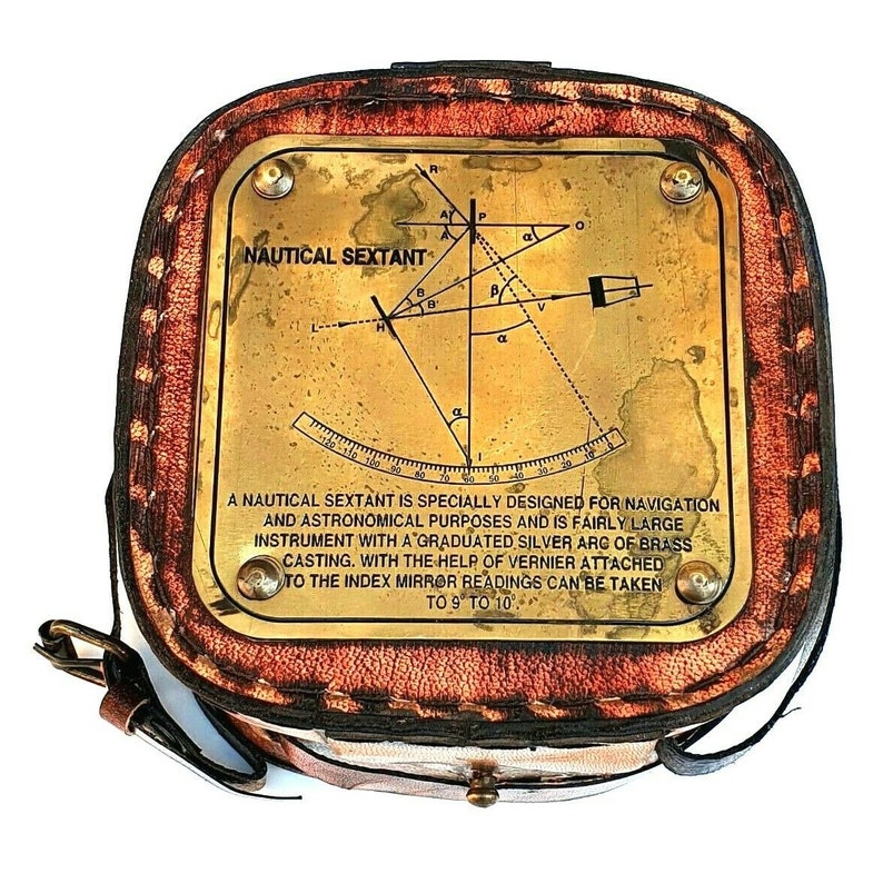 Antique Brass Sextant with Red Leather Belt Case view 3