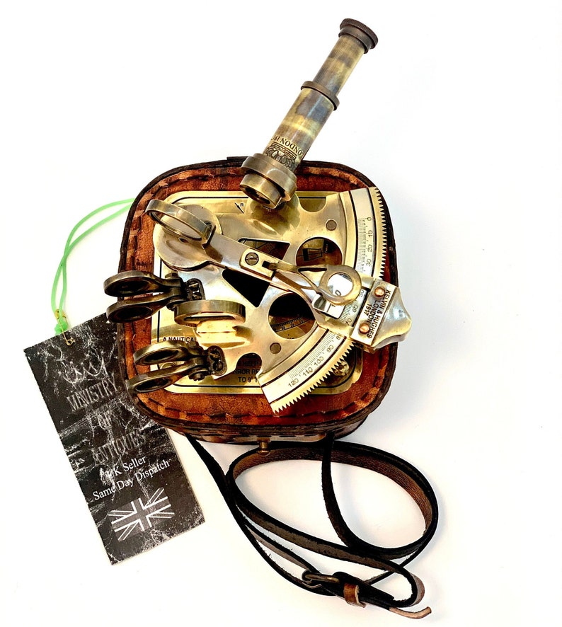 Antique Brass Sextant with Red Leather Belt Case view 7