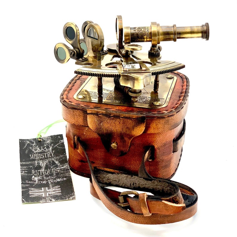 Antique Brass Sextant with Red Leather Belt Case view 8