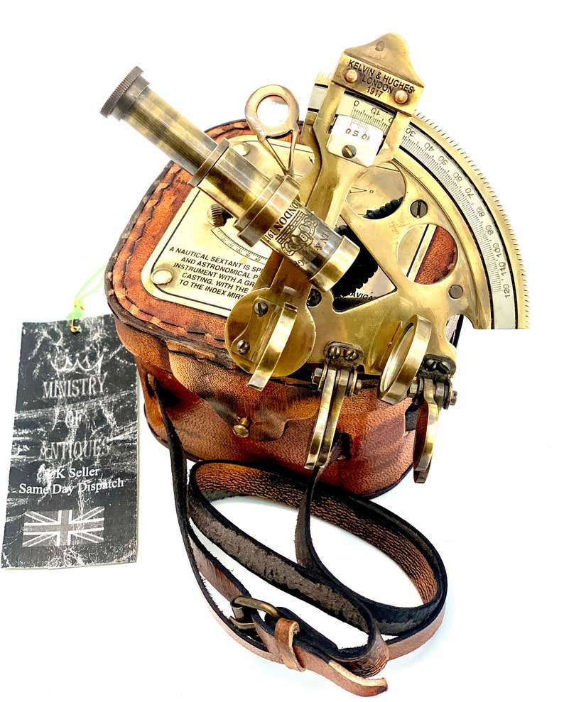 Antique Brass Sextant with Red Leather Belt Case view 9
