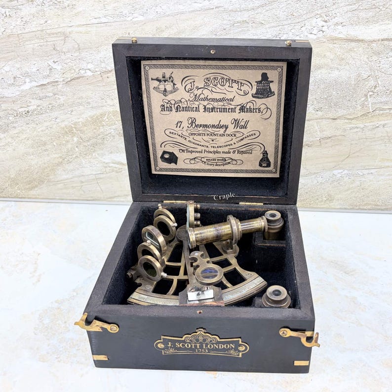 Antique Brass Sextant with Two Extra Telescopes and Black Wooden Box view 2
