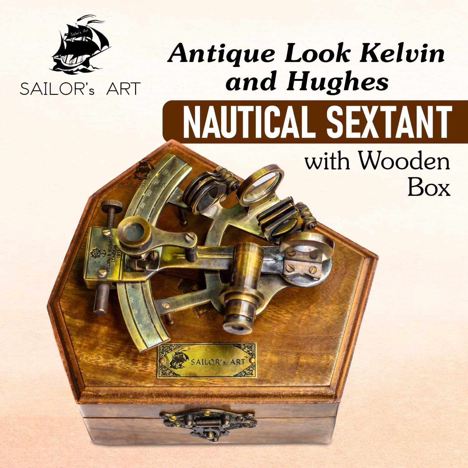 Antique Brass Sextant with Rosewood Hexagonal Green Velvet Box view 4