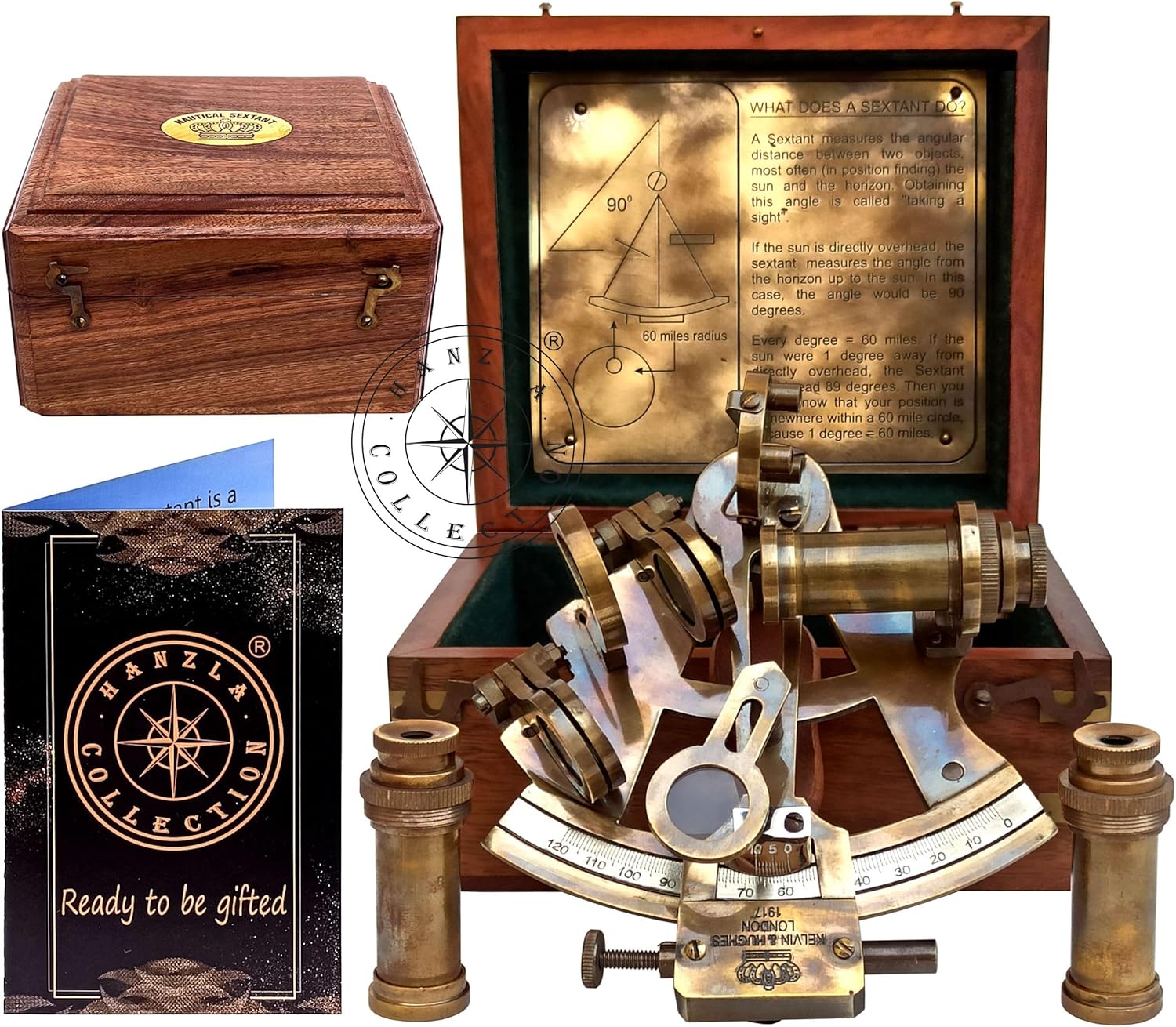 Antique Brass Sextant with Two Extra Telescopes and Wooden Box view 8