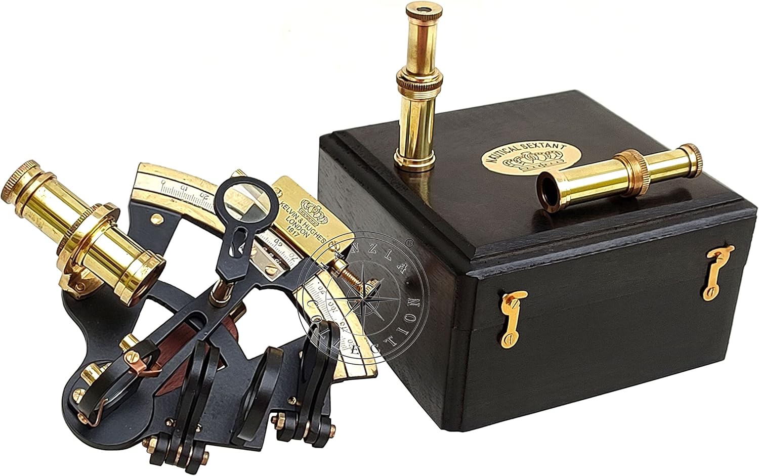 Black Powder Coated Brass Sextant with Two Extra Telescopes and Wooden Box view 2