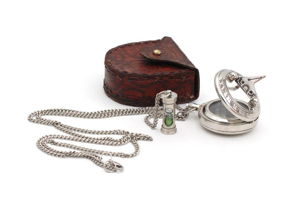 Brass Sundial Compass Pendant with Red Leather Case view 2