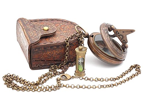 Brass Sundial Compass Pendant with Red Leather Case view 5