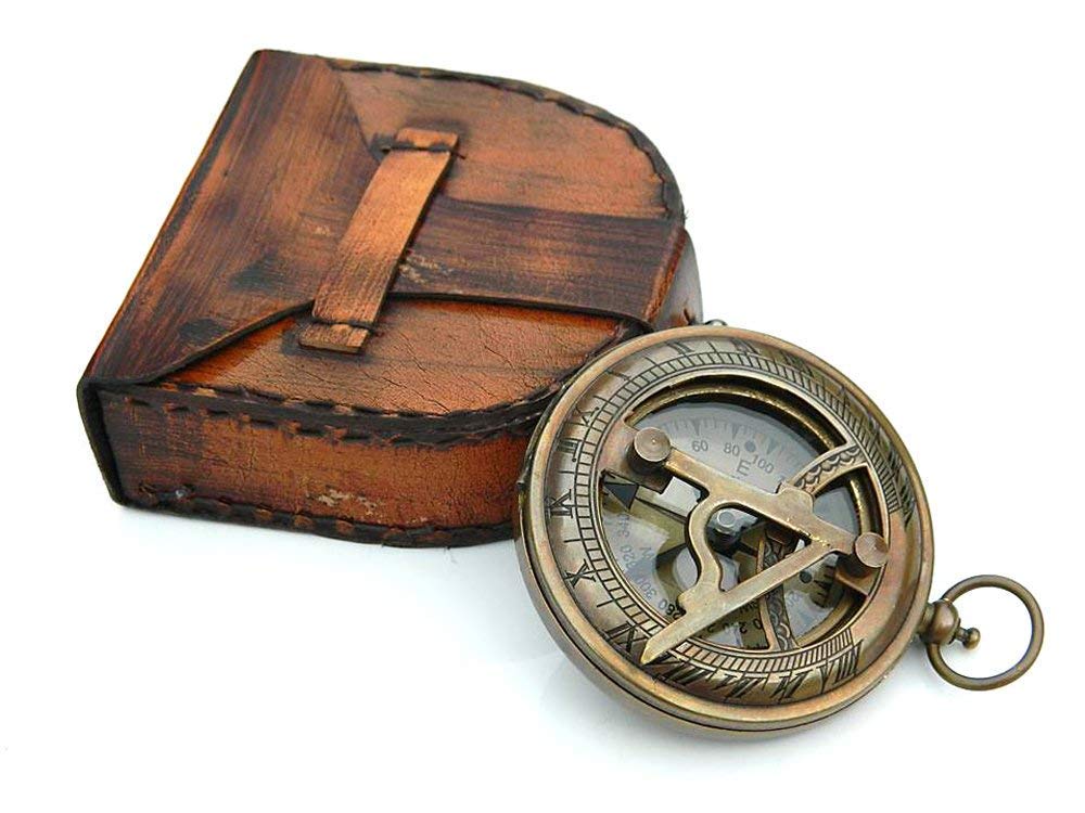 Brass Sundial Compass Pendant with Red Leather Case view 9