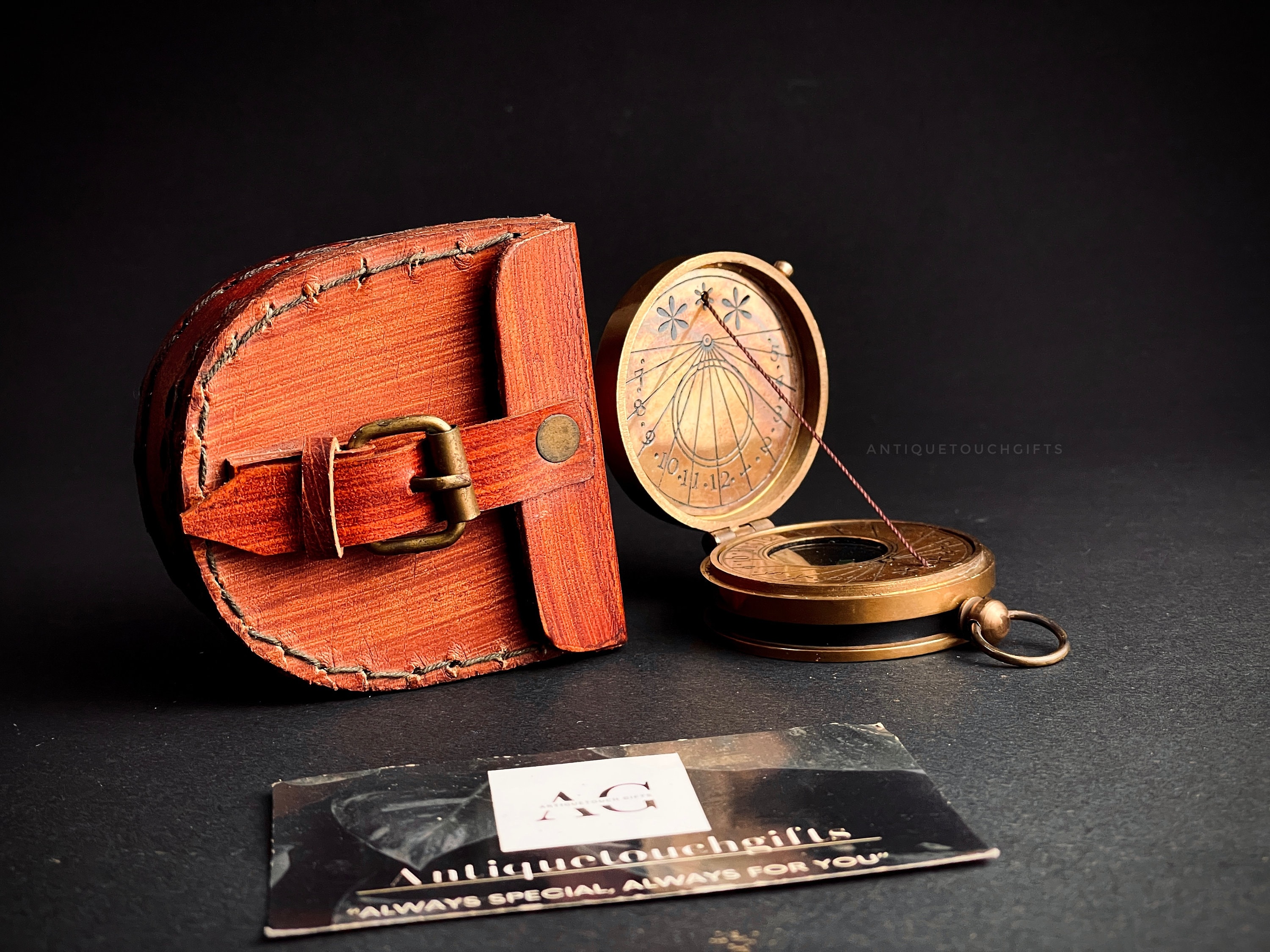 Antique Brass Sundial Compass with Leather Case view 2