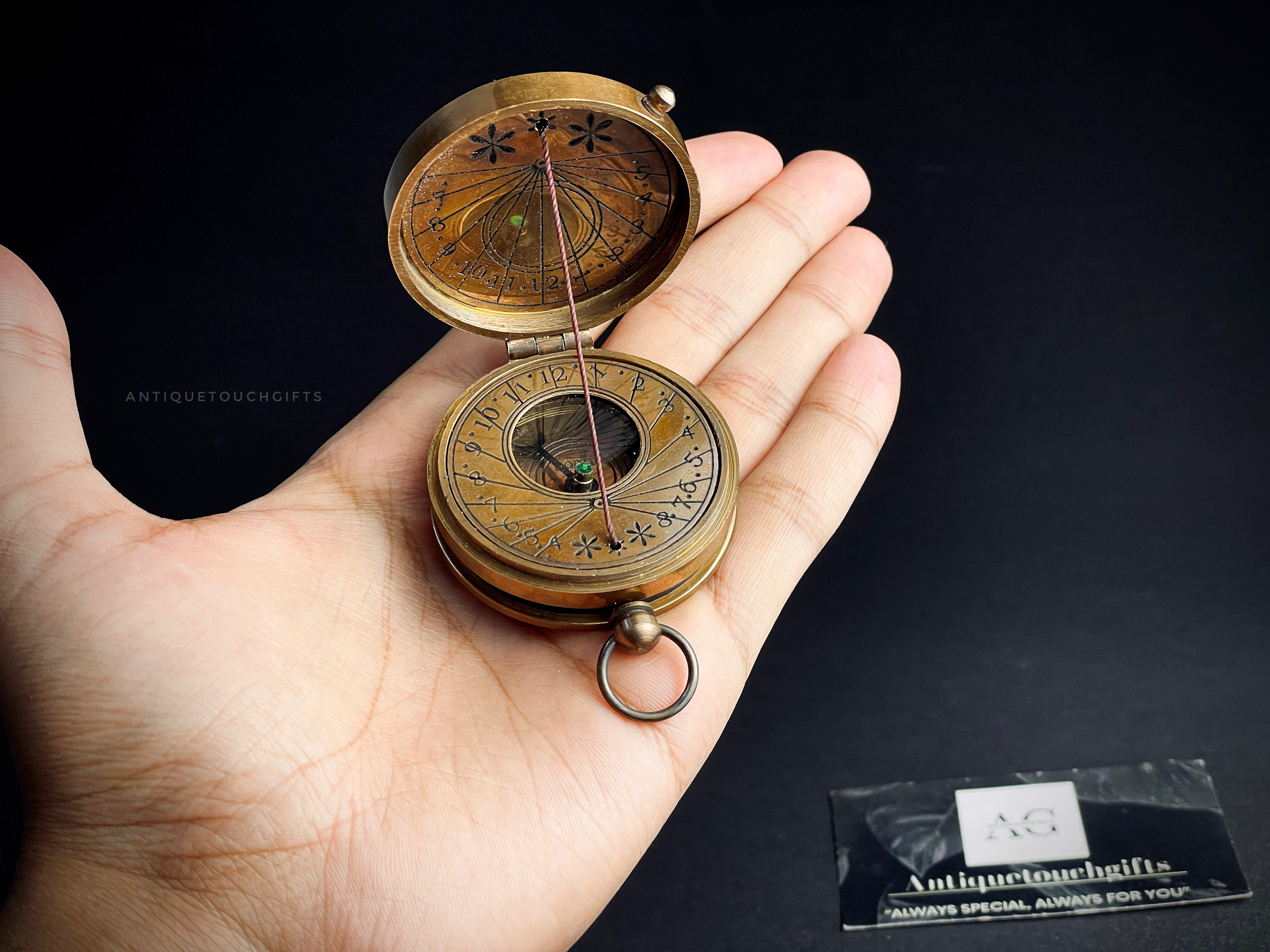 Antique Brass Sundial Compass with Leather Case view 3