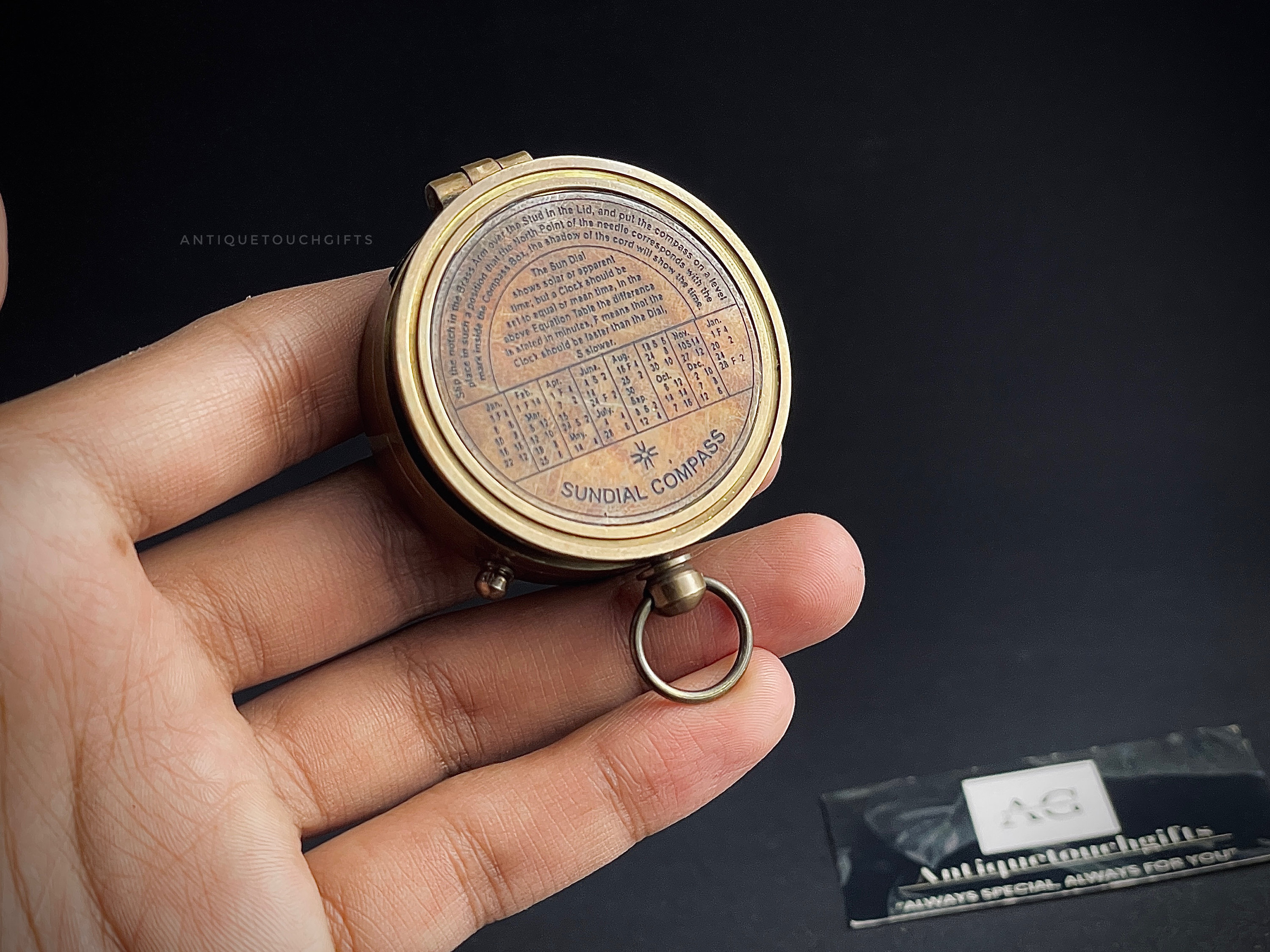 Antique Brass Sundial Compass with Leather Case view 5