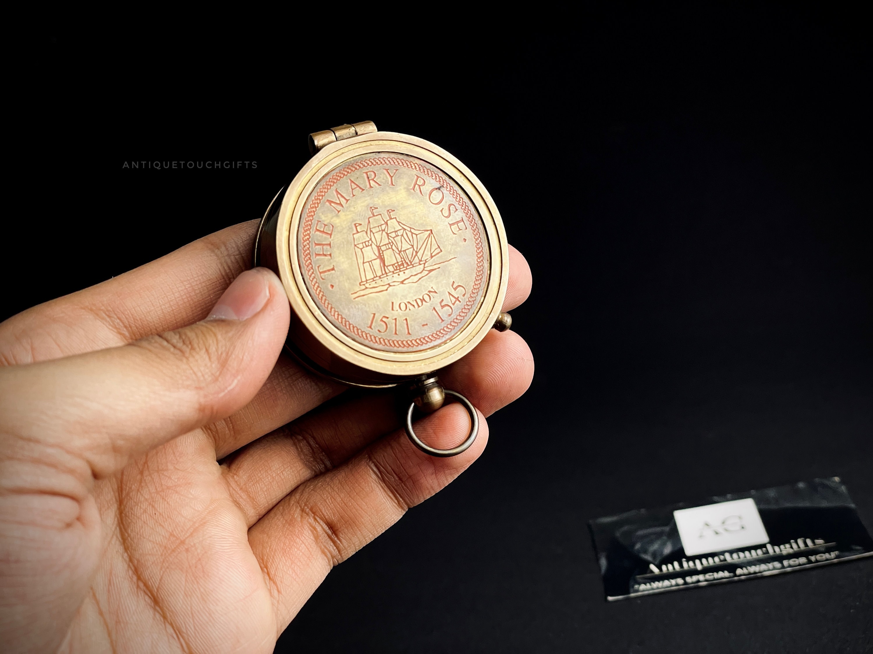 Antique Brass Sundial Compass with Leather Case view 7