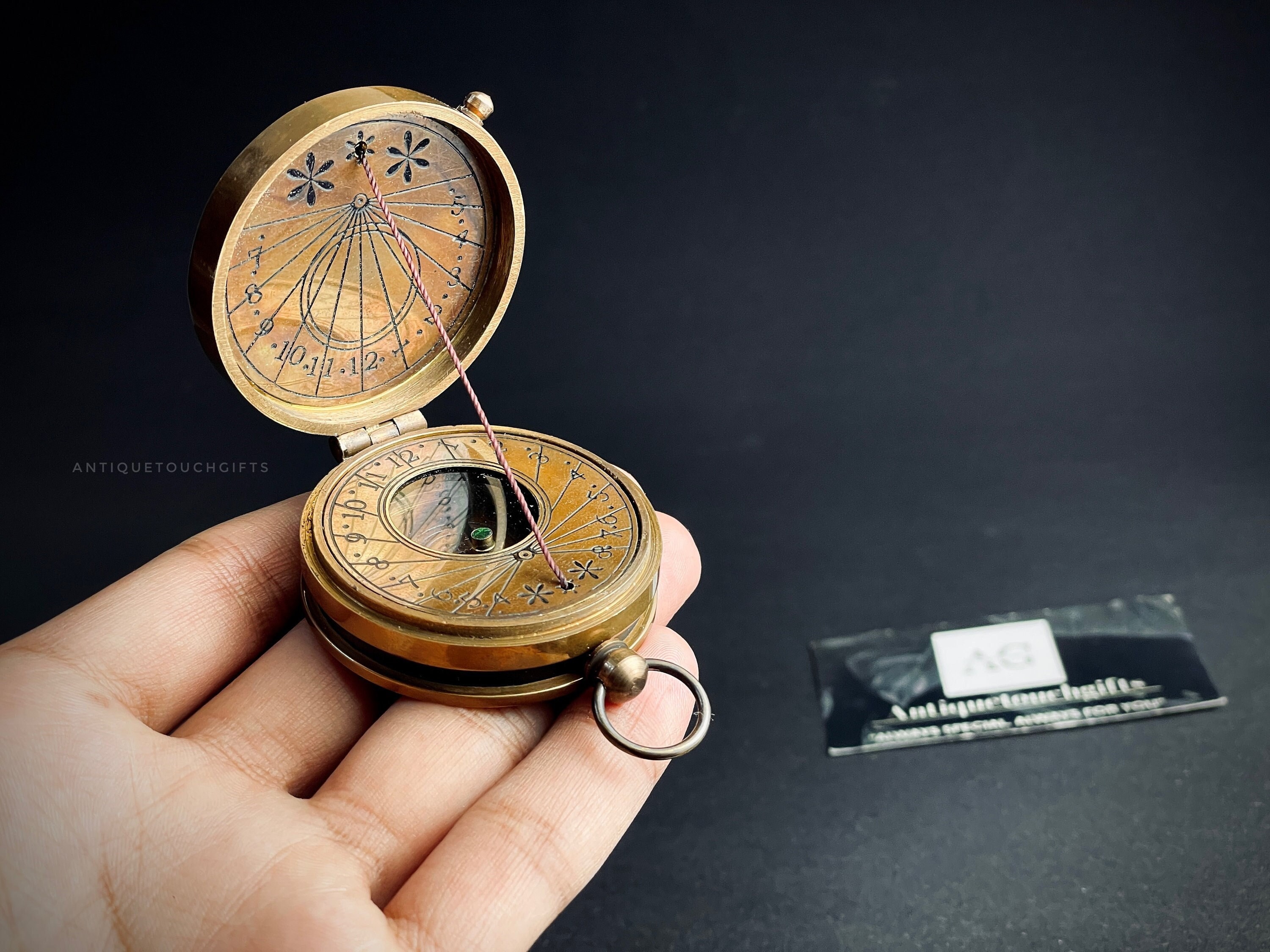 Antique Brass Sundial Compass with Leather Case view 8