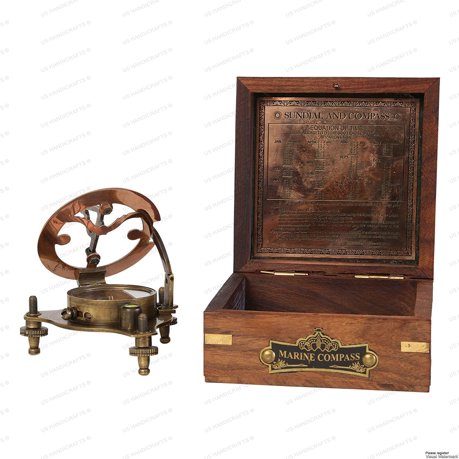 Antique Brass Sundial Compass with Fitted Wooden Presentation Box view 2