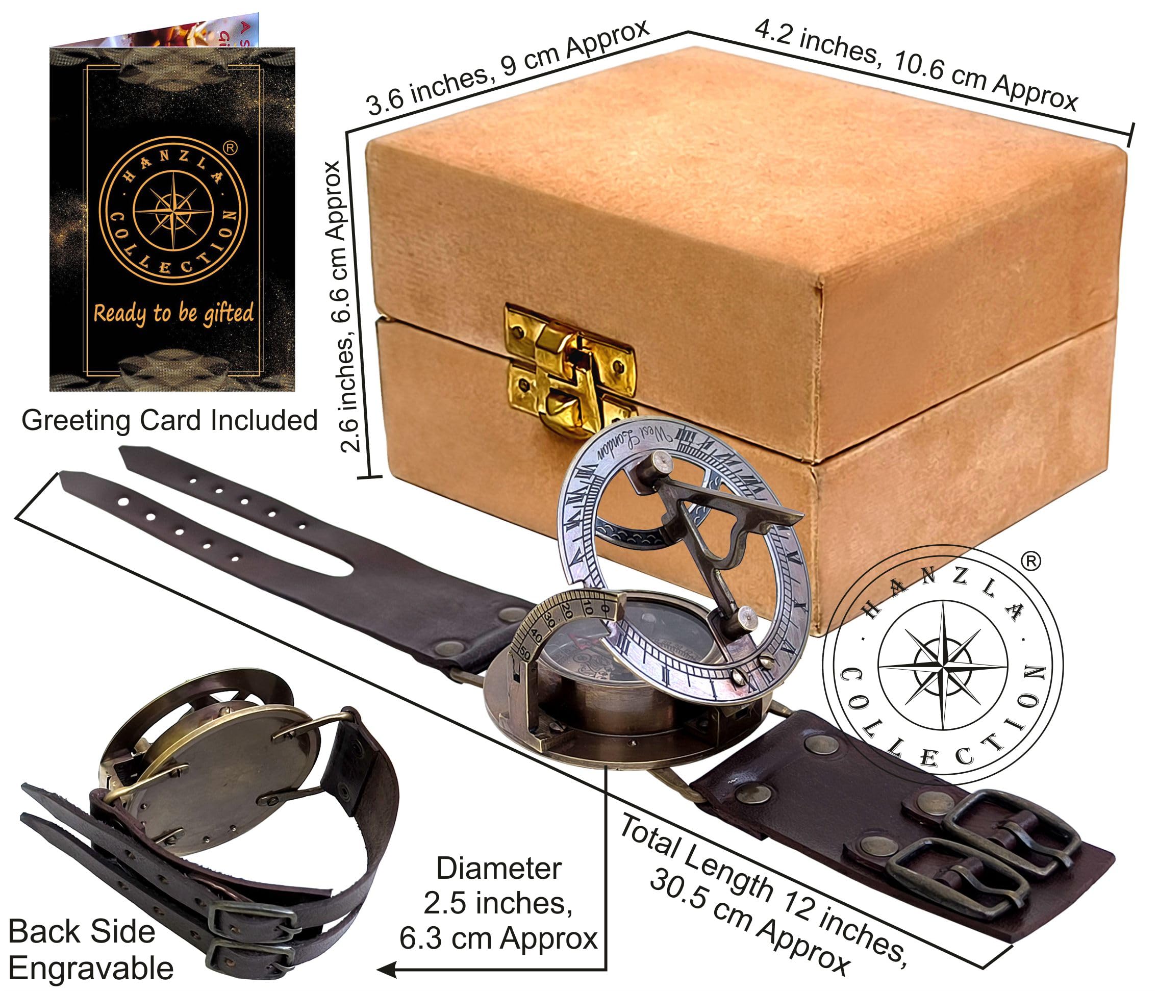 Brass Wrist Sundial Compass with Leather Strap view 5