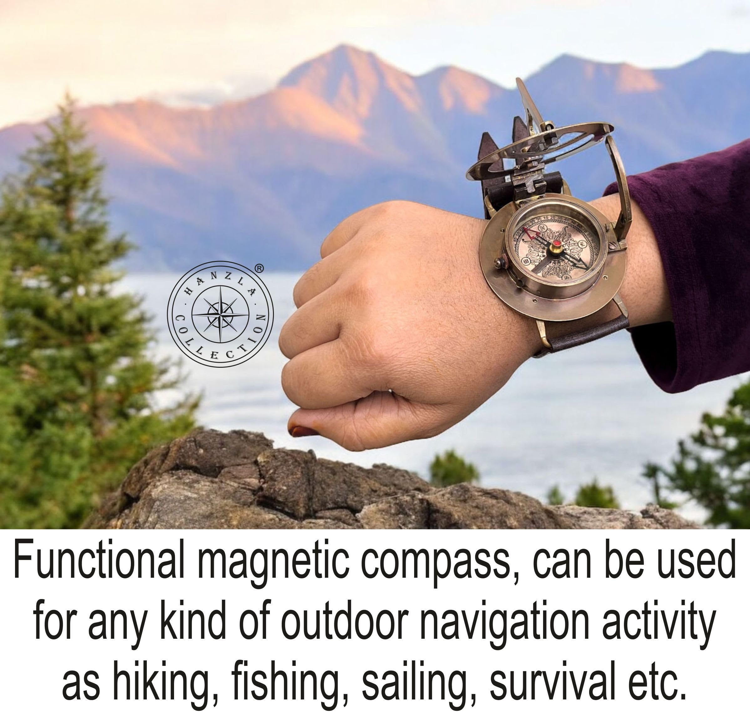 Brass Wrist Sundial Compass with Leather Strap view 7