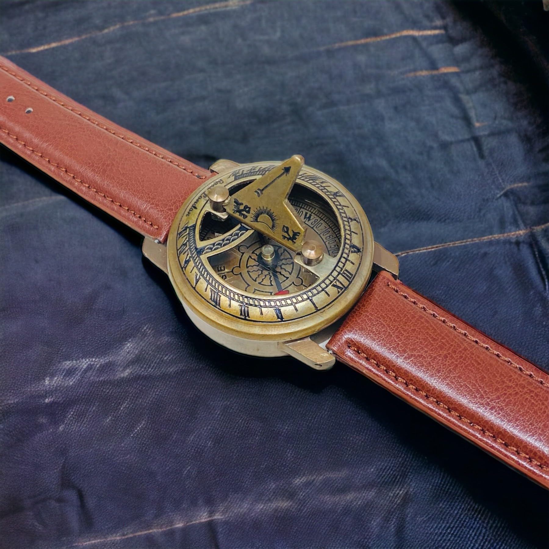 Brass Wrist Sundial Compass with Red Strap view 7
