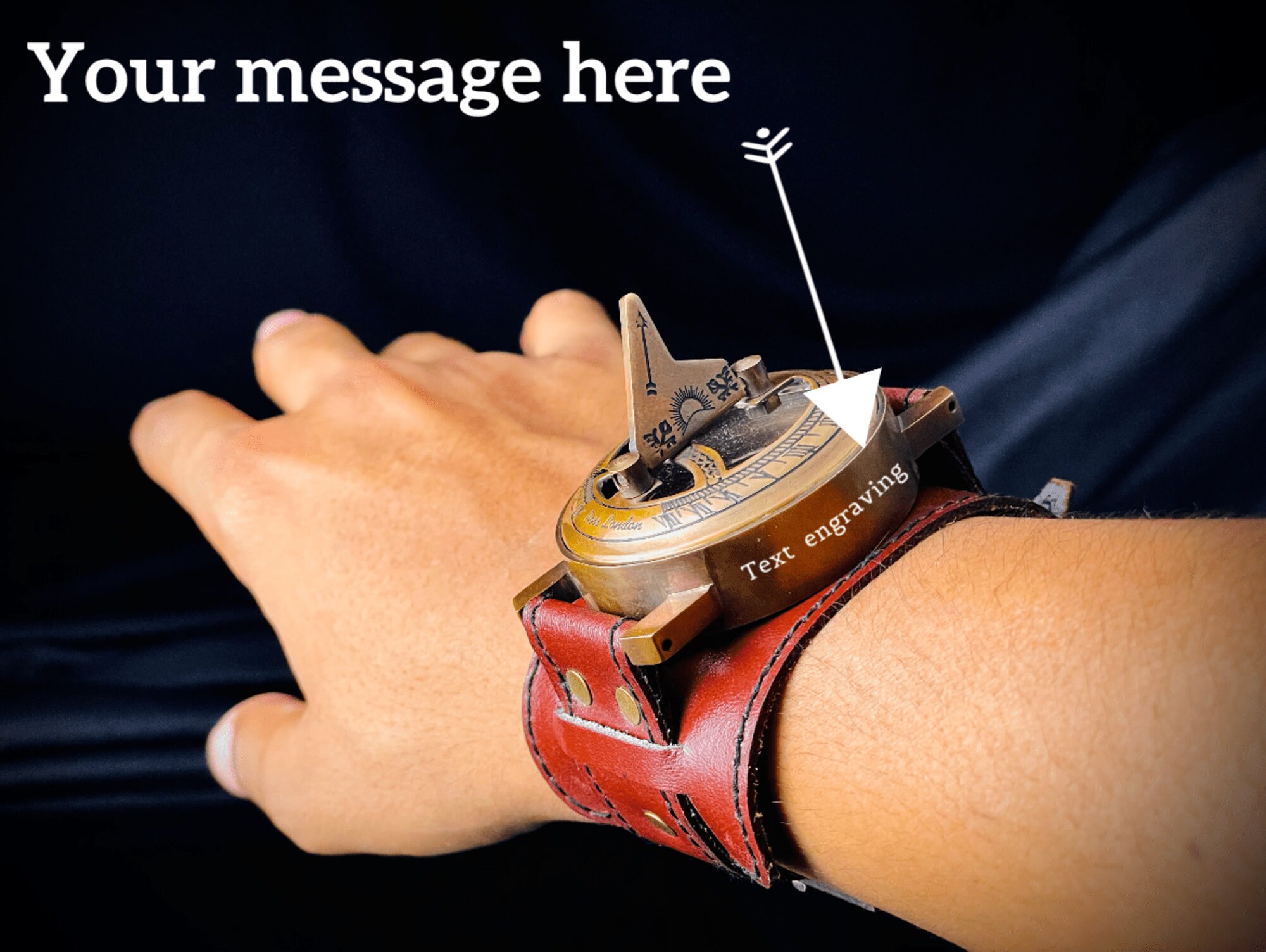 Brass Wrist Sundial Compass with Brown Strap view 2