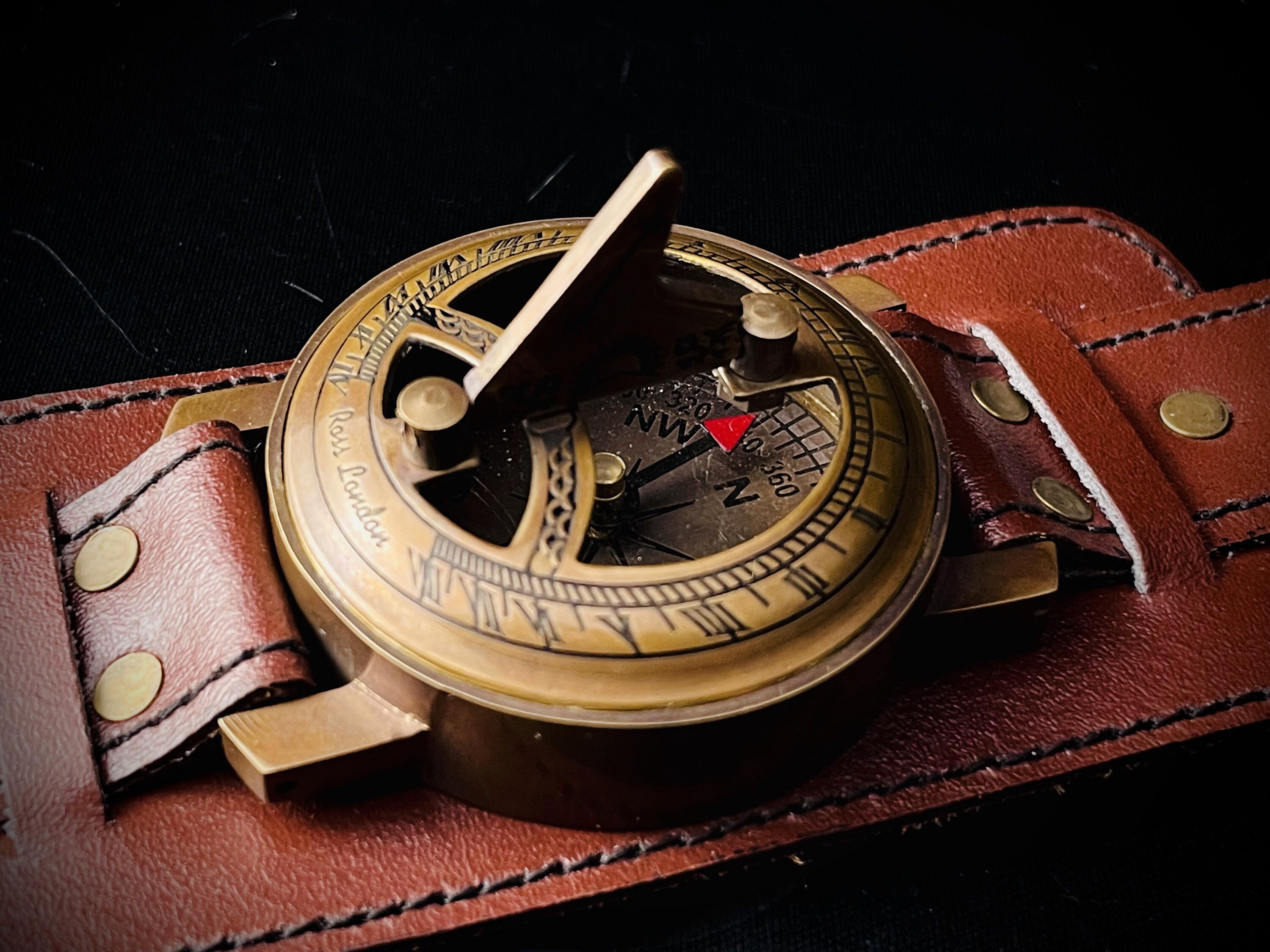 Brass Wrist Sundial Compass with Brown Strap view 3
